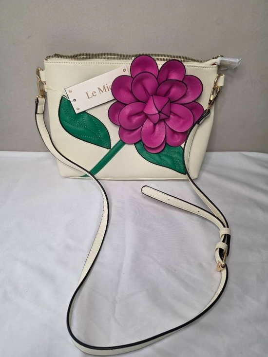 Handbags - Cream Crossbody Bag with Pink Flower Accent